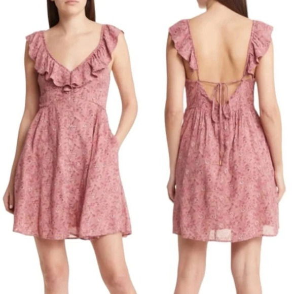 Madewell Floral Ruffle Neck Open Back Mini Dress in Vintage Quartz Size 4 NWT - Picture 1 of 12